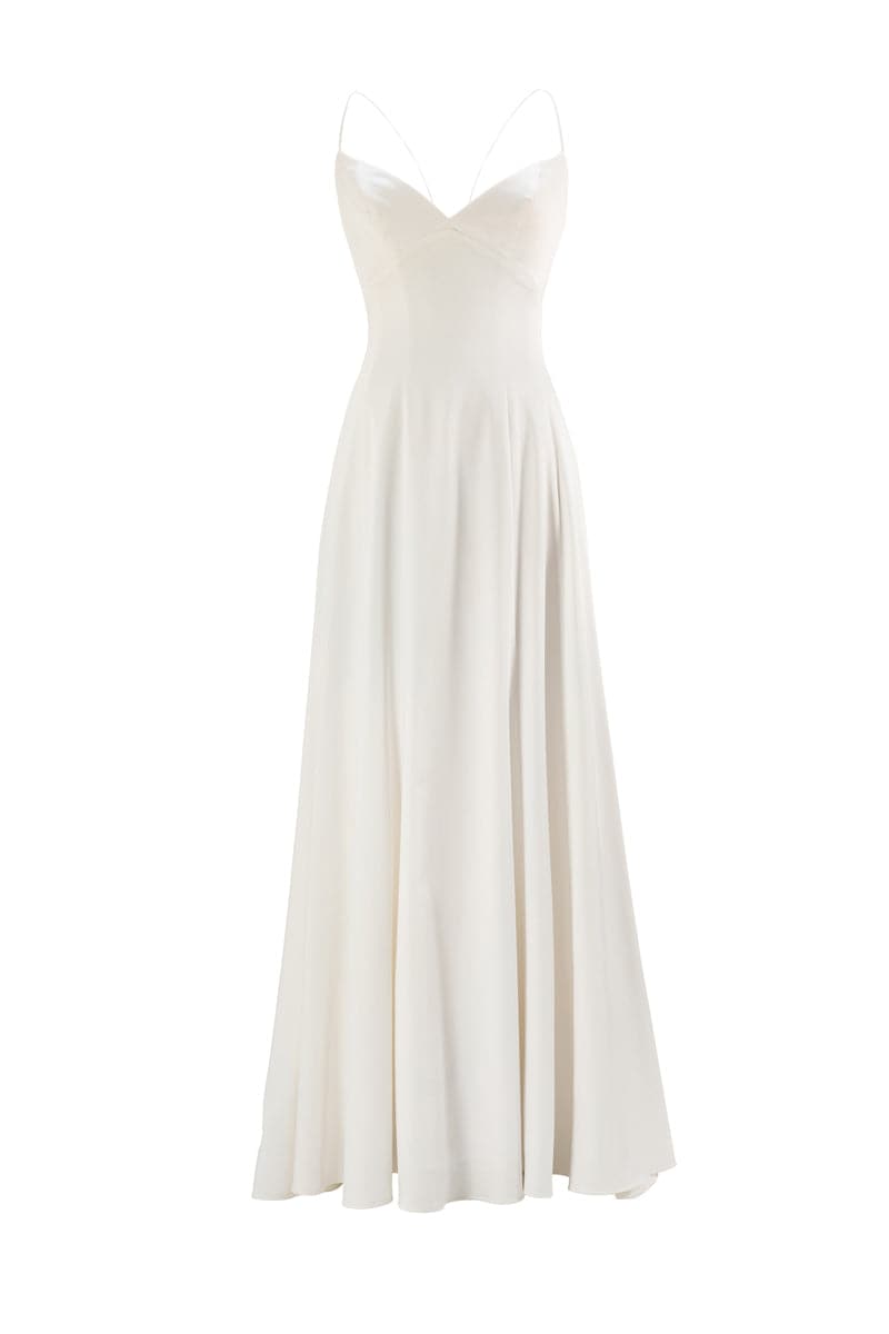 MINIMALISTIC SIMPLE GOWN WITH REMOVABLE MERINGUE FLOUNCES TRAIN - CULT MIA