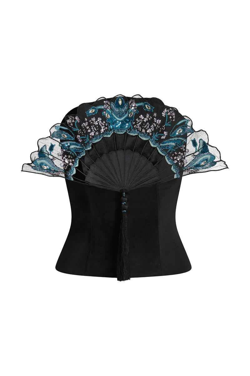 Black Scarlett Gasque Elora Corset top featuring structured design and lace-up details for a stylish, form-fitting look.