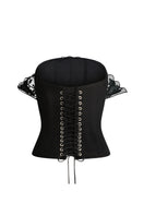 Black Scarlett Gasque Elora Corset top with lace-up front and structured fit, showcased on a mannequin.
