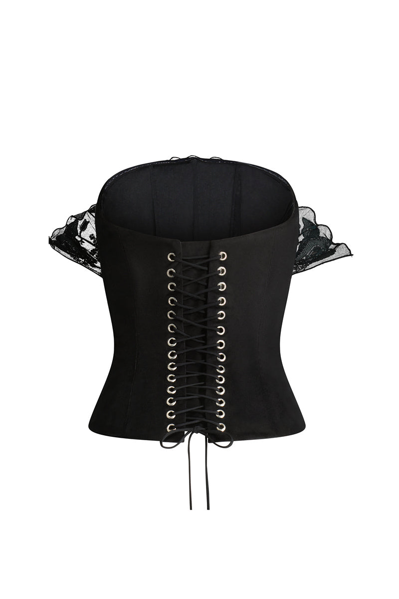 Black Scarlett Gasque Elora Corset top with lace-up front and structured fit, showcased on a mannequin.
