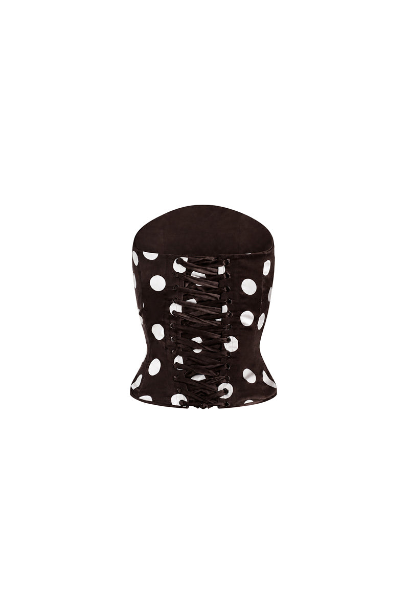 Scarlett Gasque Gemma Corset top with structured black fabric and lace-up back detail, showcasing a stylish and fitted design.