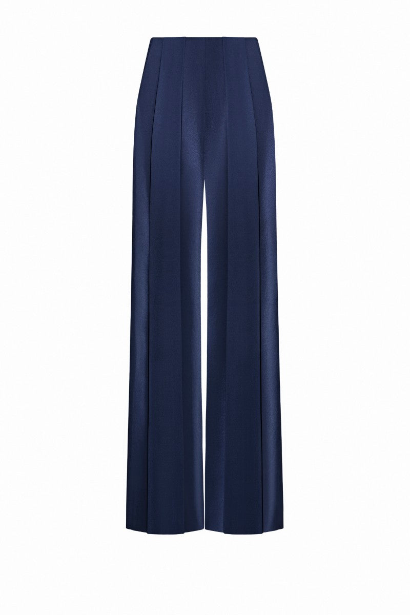 LEKIEU Palermo pants in midnight blue, slim-fit trousers with a tailored design, shown on a model.