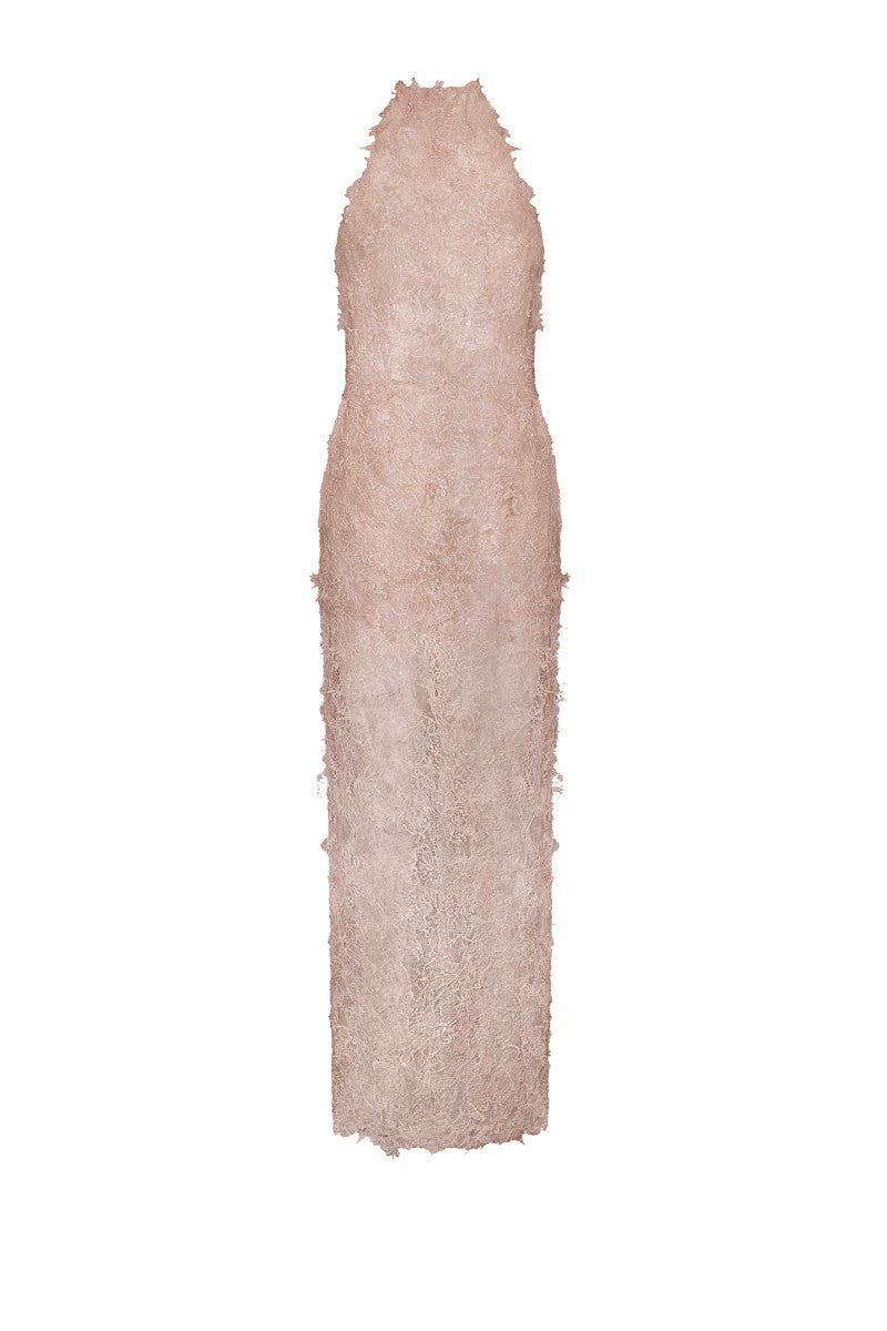 LEKIEU Verona pink midi dress with a fitted bodice and flowing skirt, perfect for elegant occasions.