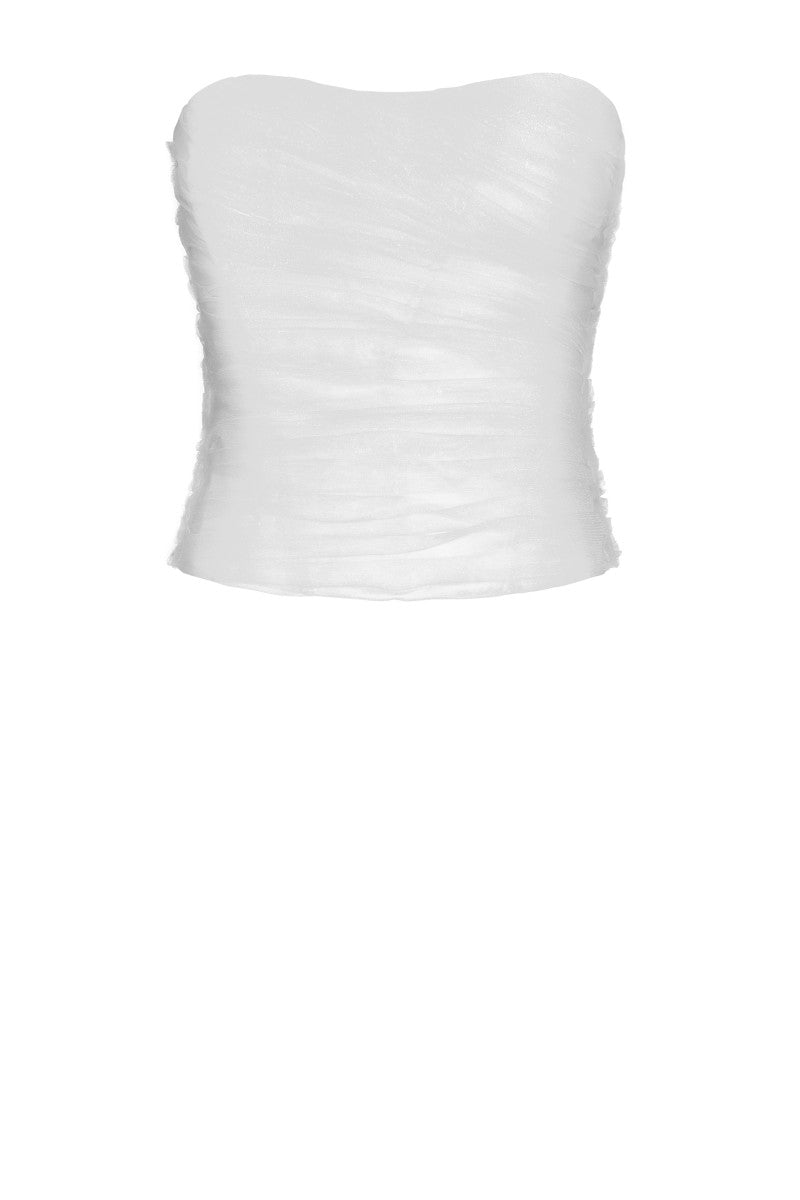 White LEKIEU Rome corset top with structured design and adjustable straps, displayed on a mannequin.