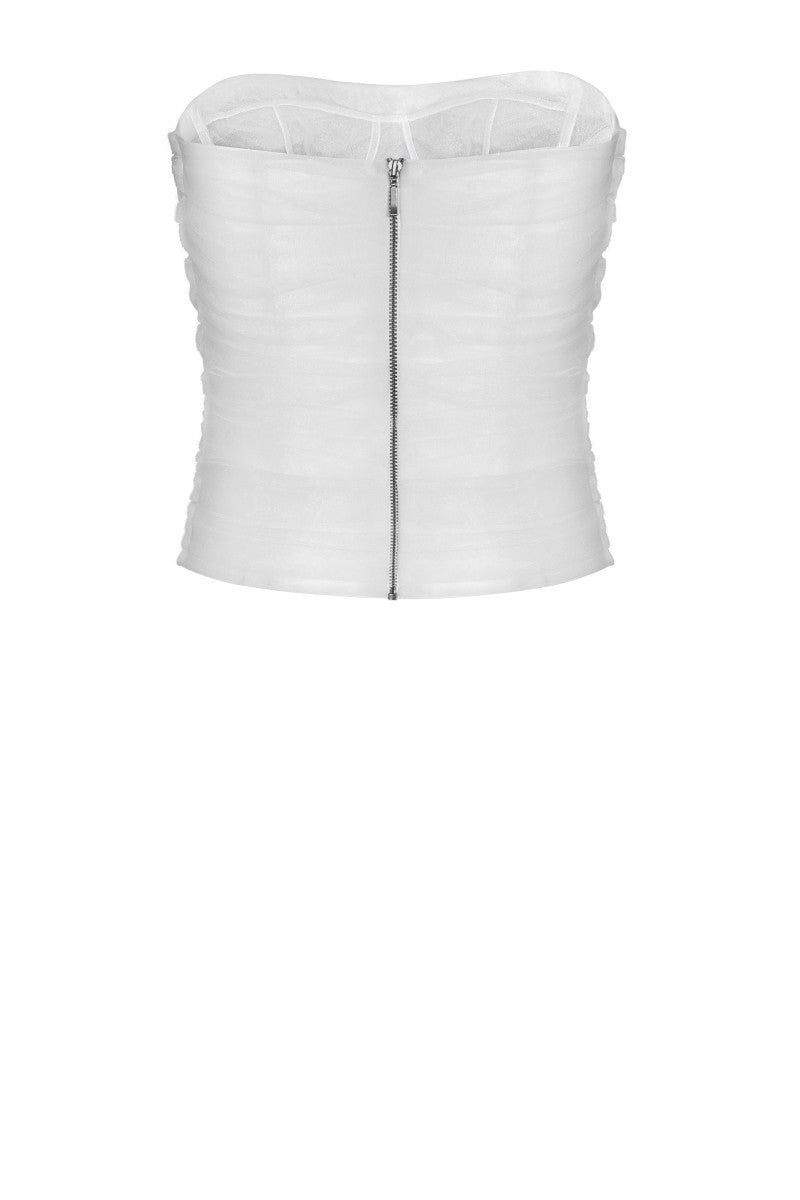 White LEKIEU Rome corset top shown on a mannequin, featuring a fitted design with structured boning and adjustable straps.