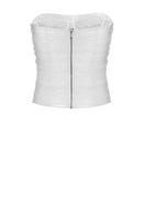 White LEKIEU Rome corset top shown on a model, featuring structured design and stylish fit, perfect for fashionable tops.