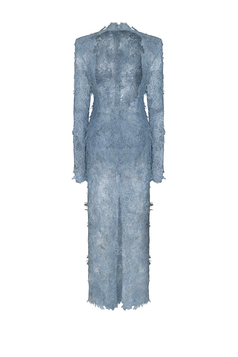 LEKIEU Verona blue midi dress displayed on a hanger, showcasing its elegant fabric and classic design.