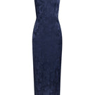 LEKIEU Palermo gown in midnight blue, elegant evening dress with flowing fabric and sophisticated design.