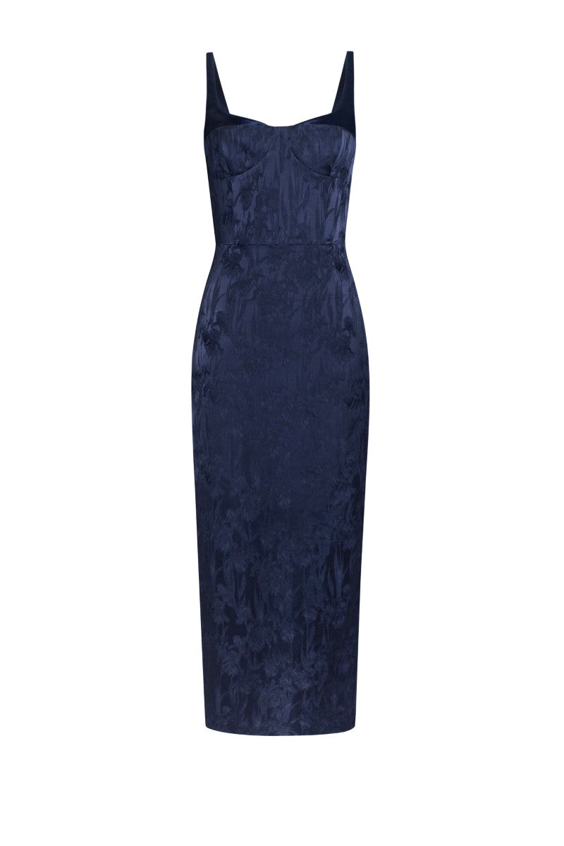 LEKIEU Palermo midnight blue midi dress displayed on a hanger, showcasing its elegant design and flowy fabric.