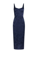 LEKIEU Palermo gown in midnight blue, elegant evening dress with flowing fabric and sophisticated design.