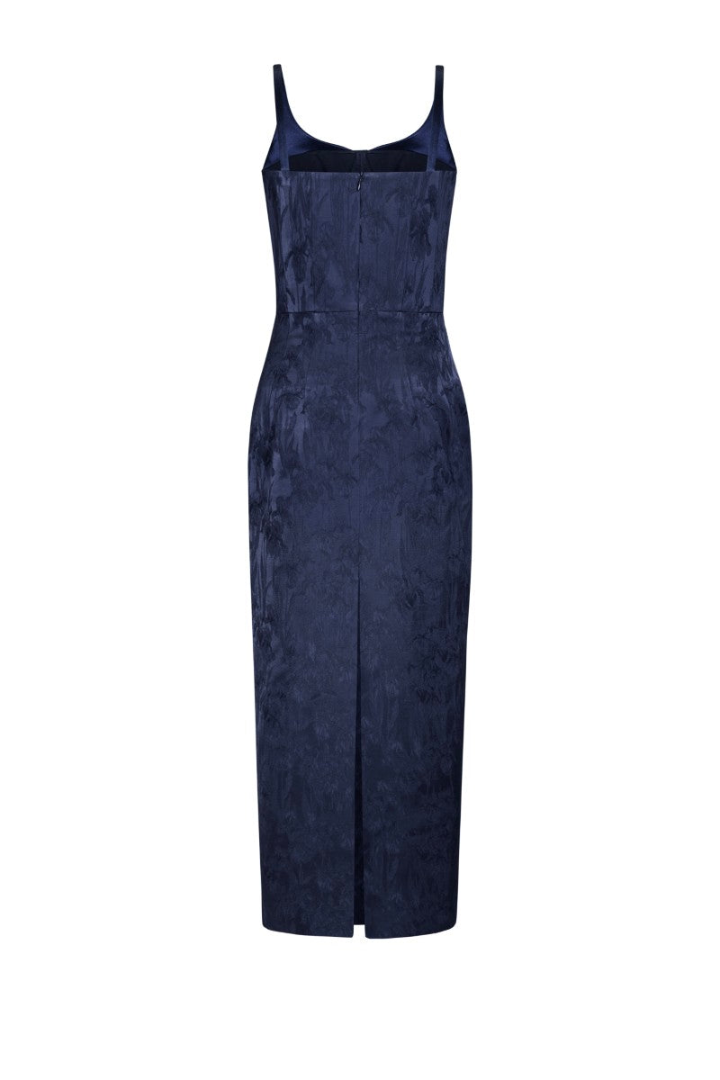 LEKIEU Palermo midnight blue midi dress displayed on a hanger, showcasing its elegant fabric and classic silhouette.