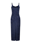 Midnight blue LEKIEU Palermo gown, elegant long dress with flowing fabric and sophisticated design, suitable for formal occasions.