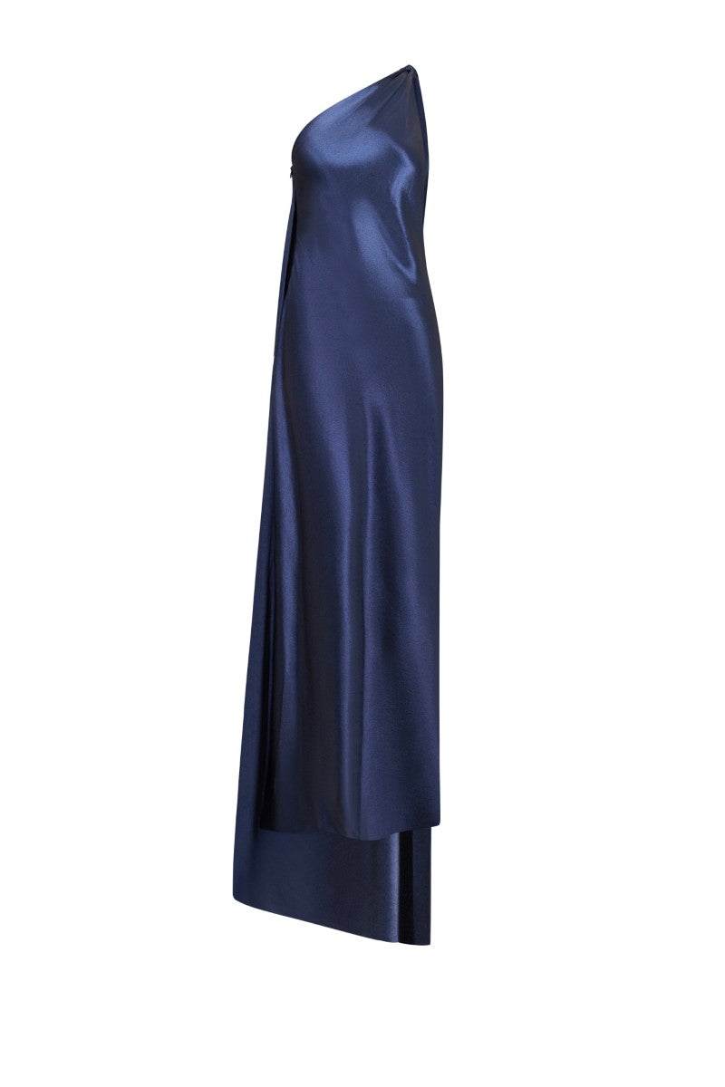 Midnight blue LEKIEU Naples maxi dress displayed on a hanger with flowing fabric and elegant design.