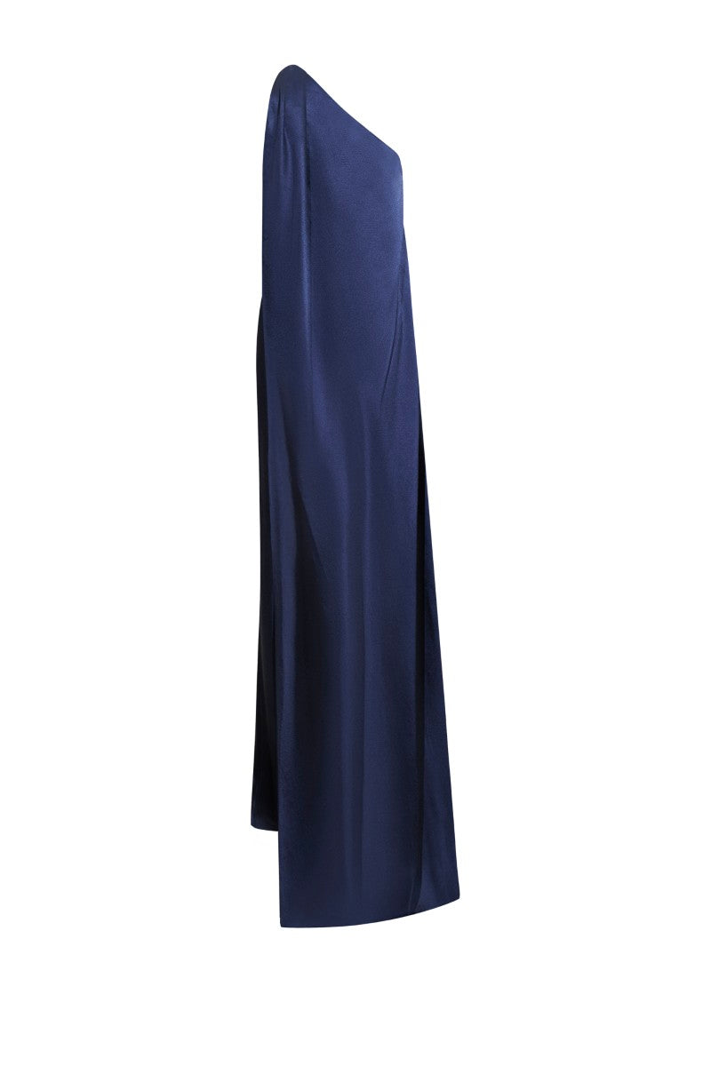 Midnight blue LEKIEU Naples maxi dress displayed on a hanger, showcasing its elegant flowy fabric and stylish design.