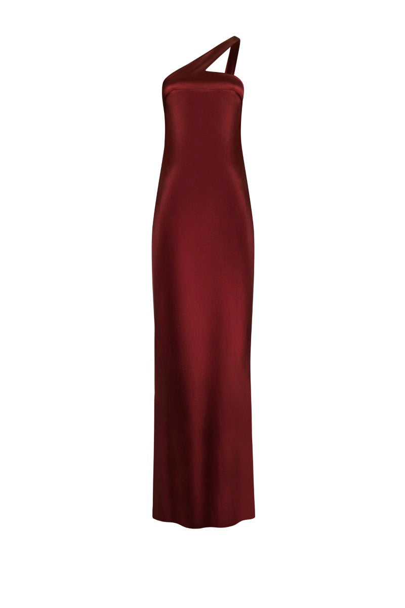 LeKieu Turin burgundy maxi dress with flowing fabric and elegant design, perfect for stylish occasions.
