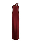 LeKieu Turin burgundy gown with elegant fabric and fitted waist, perfect for formal occasions.