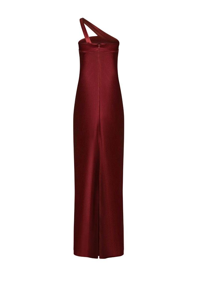 LeKieu Turin burgundy maxi dress with flowing fabric and elegant design, perfect for stylish occasions.