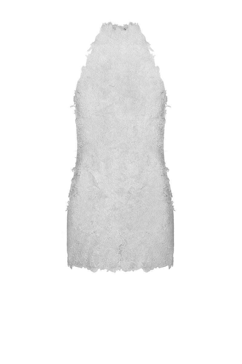 White Bologna top by LEKIEU, featuring a stylish design, displayed on a hanger with a clean background.