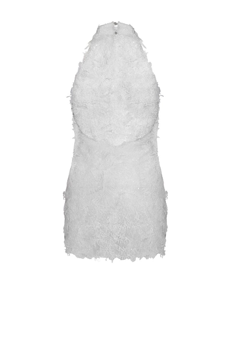 White Bologna top by LEKIEU, showcasing a stylish, sleeveless design with a fitted silhouette and clean neckline.