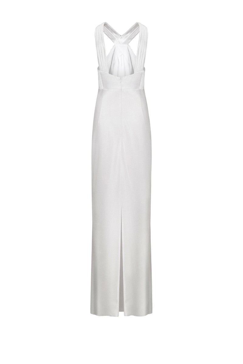 White Catania maxi dress by Lekieu, flowing fabric with a fitted bodice and elegant design, displayed in a full-length view.