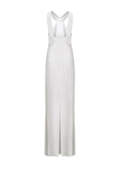 White Catania gown by Lekieu, elegant full-length dress with flowing fabric and subtle design details, perfect for formal occasions.