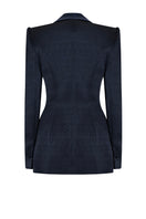 LEKIEU Lucca jacket in midnight blue, stylish outerwear with a fitted design, displayed on a hanger against a plain background.
