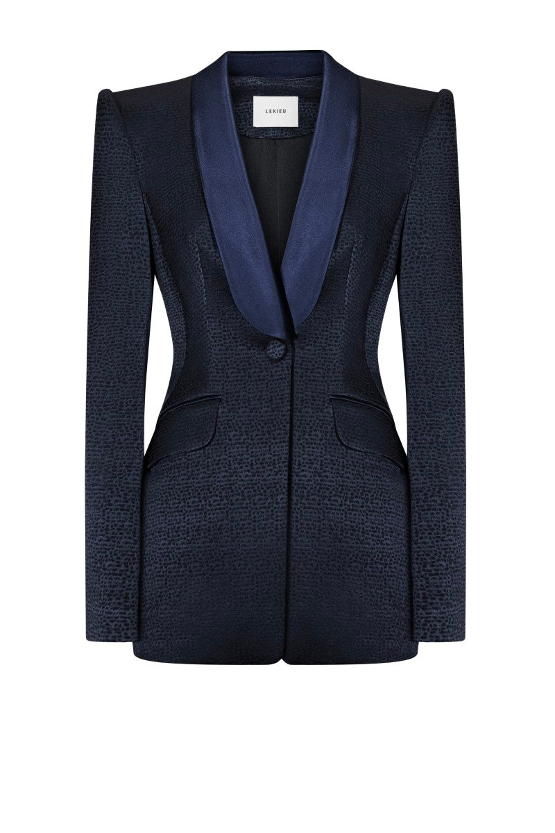 LEKIEU Lucca jacket in midnight blue, stylish outerwear with a sleek fit, displayed on a hanger against a neutral background.