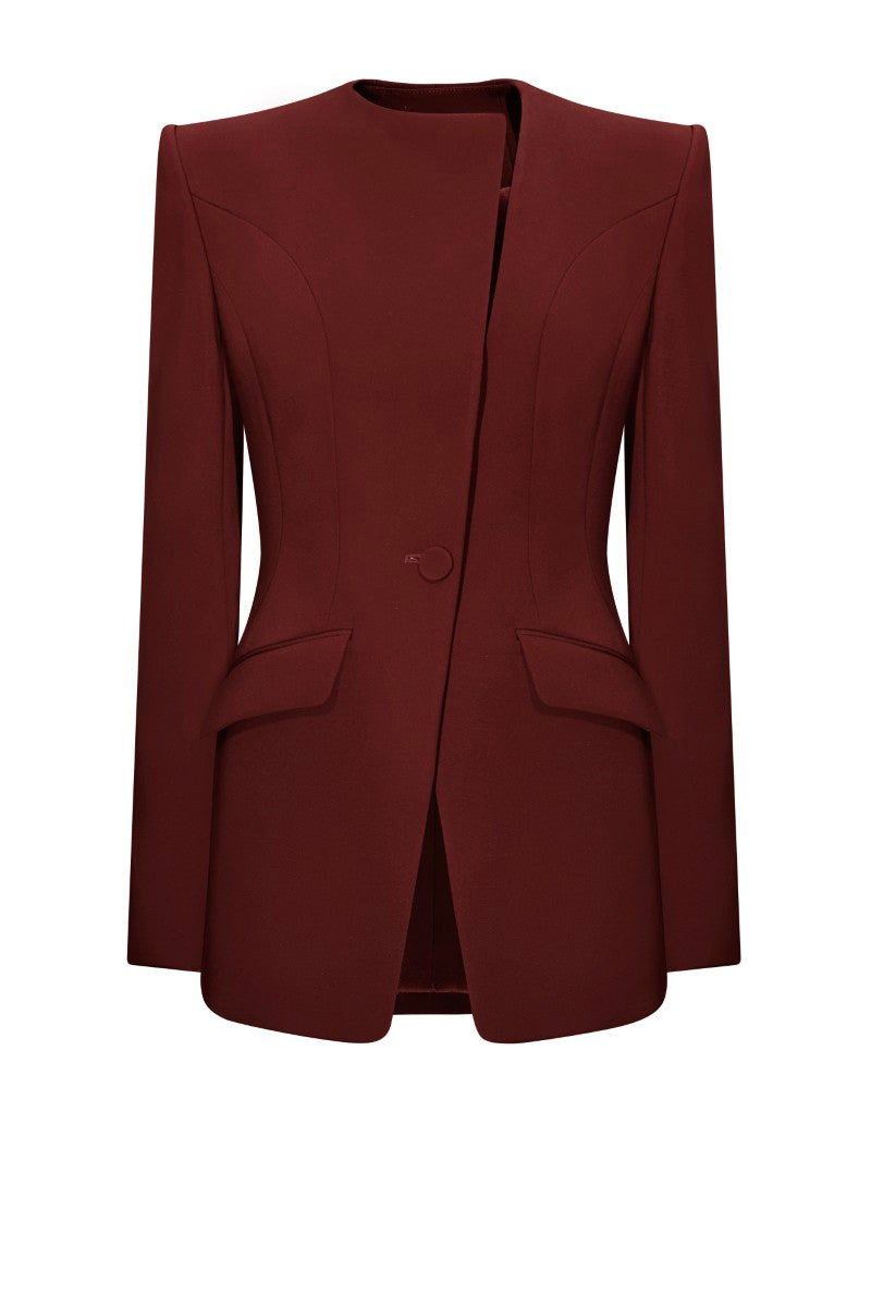 Lekieu PISA jacket in burgundy, stylish outerwear with a sleek design, shown in a close-up shot highlighting the fabric and color.