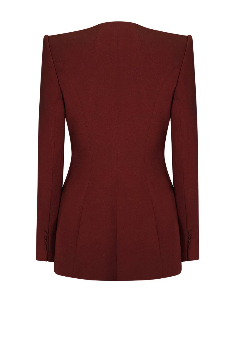 Lekieu Pisa jacket in burgundy, stylish winter jacket with a zipper and collar, shown on a hanger.