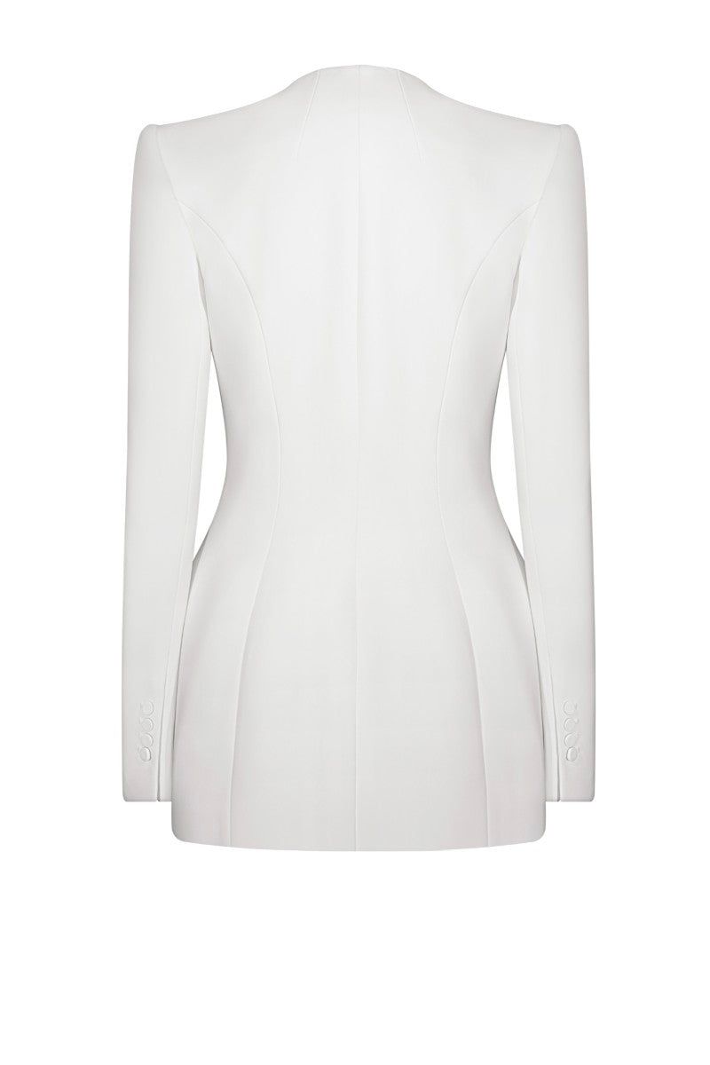 White LEKIEU Florence jacket displayed on a hanger, featuring a stylish, lightweight design with a classic collar and front button closure.