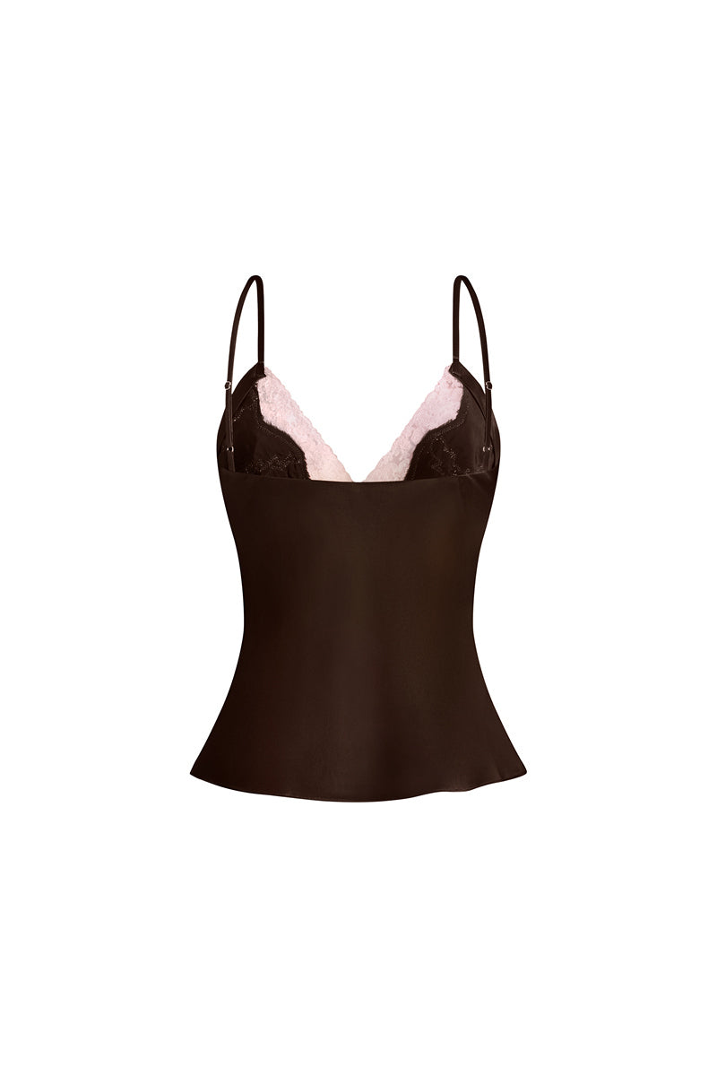 Scarlett Gasque Jayne camisole in chocolate plum color, soft fabric, featuring a sleeveless design and delicate neckline.