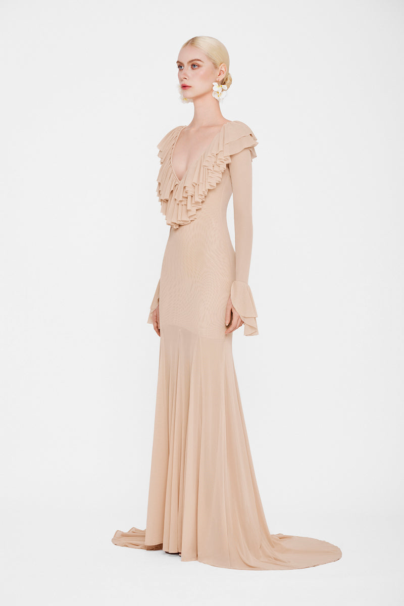 Valenciani Cult Mia X Valenciani Seraphina maxi dress in flowy fabric, featuring elegant design and vibrant pattern.