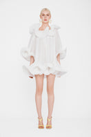 White Valenciani Origami Cloud mini dress, lightweight fabric with modern fold details, displayed on a hanger.