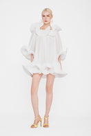 White Valenciani Origami Cloud mini dress displayed on a hanger with detailed fabric texture and simple background.