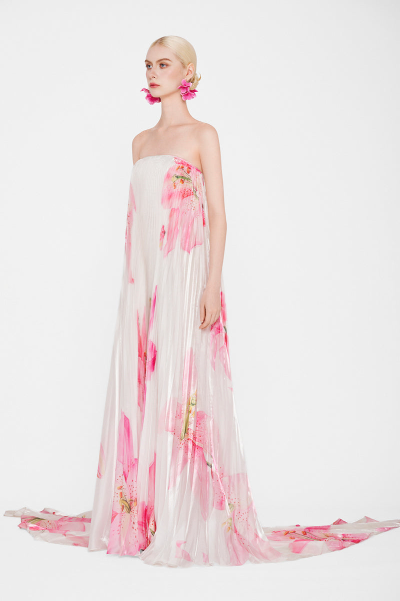 Valenciani CULT MIA X VALENCIANI The Blossom pleated maxi gown, flowing fabric with floral pattern and elegant design.