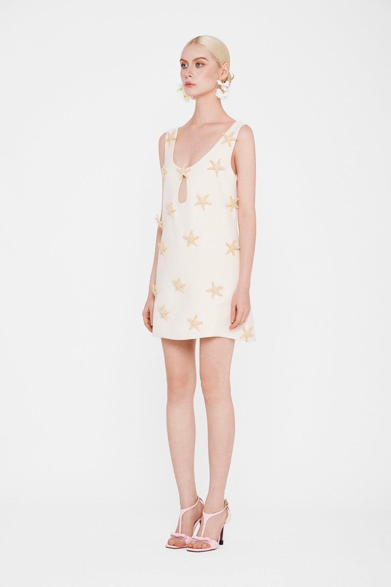 Valenciani starfish mini dress in ivory, stylish sleeveless dress with a fitted bodice and flared skirt, perfect for summer outings.
