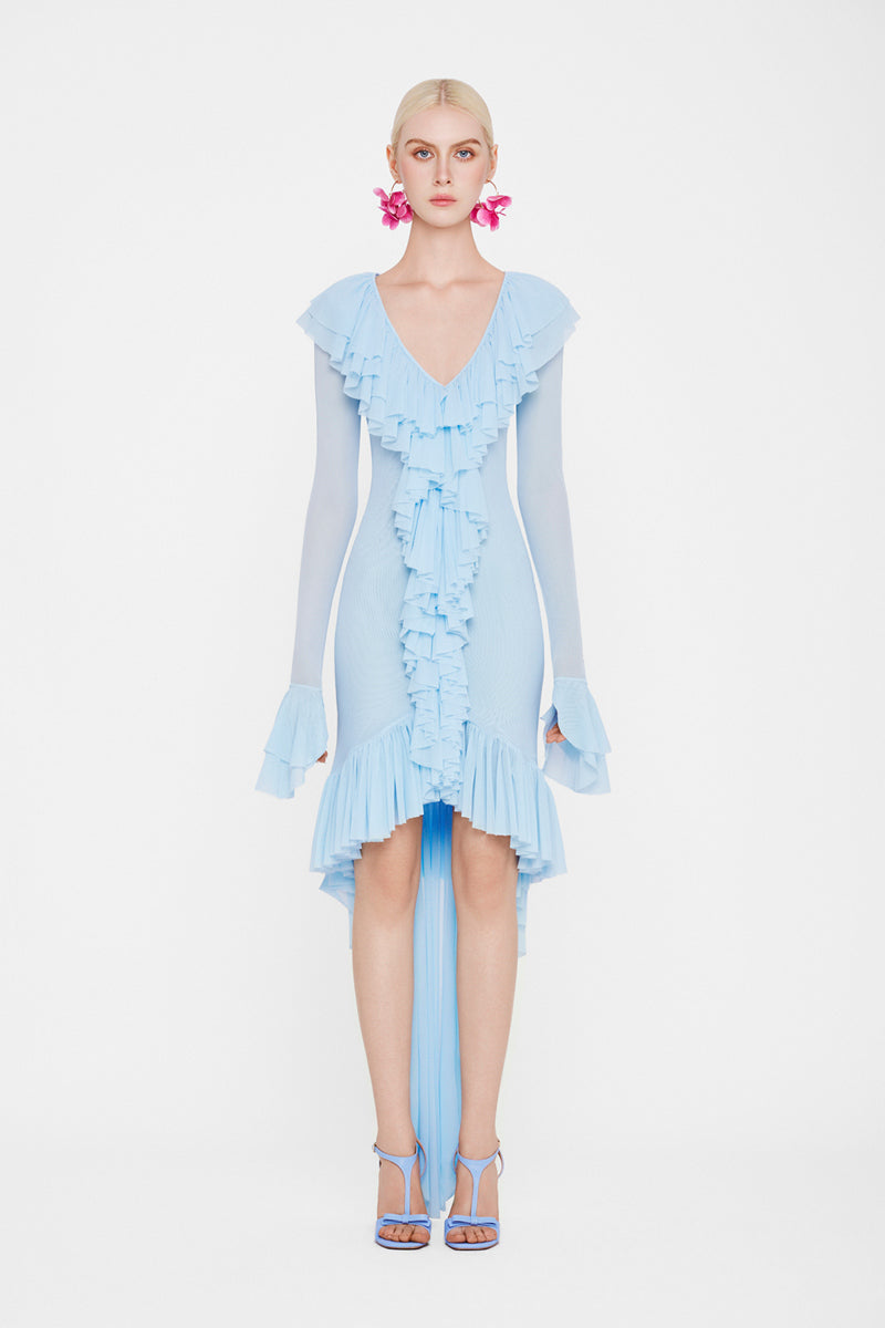 Valenciani CULT MIA X VALENCIANI The Seraphina ruffle high-low midi dress, featuring a flowing fabric and elegant ruffle details.