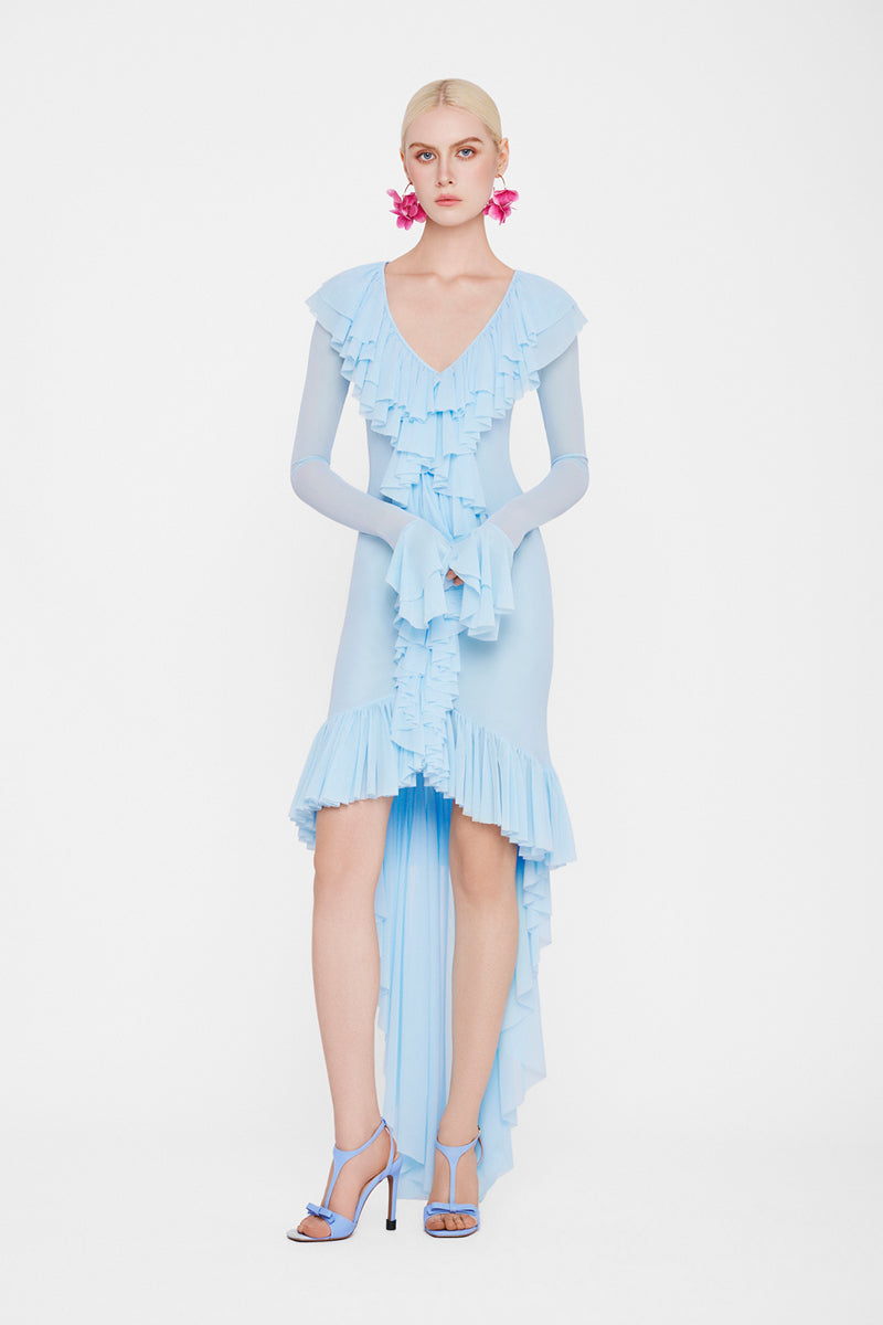 Valenciani Cult MIA X VALENCIANI The Seraphina Ruffle High-Low Midi Dress displayed with ruffled details and flowing silhouette.