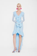 Valenciani Cult MIA X VALENCIANI The Seraphina Ruffle High-Low Midi Dress displayed with ruffled details and flowing silhouette.