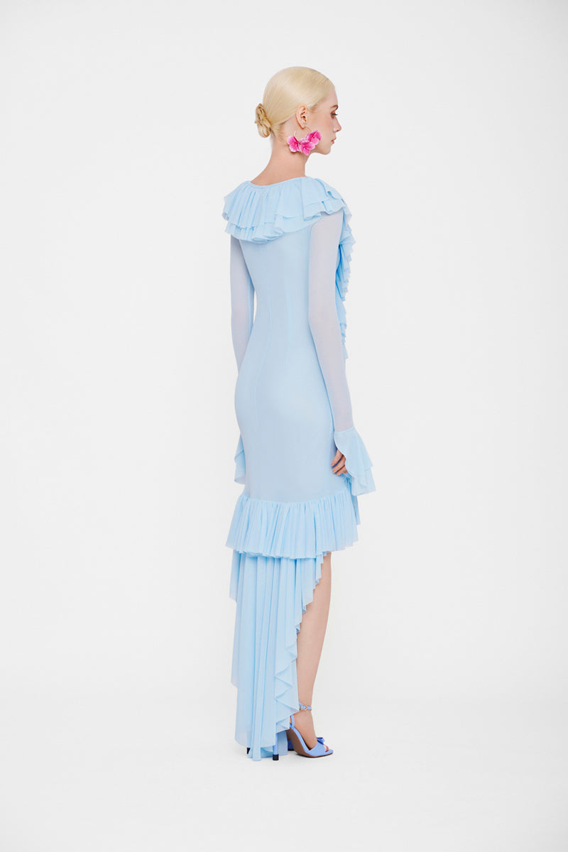 Valenciani Cult Mia X The Seraphina ruffle high-low midi dress with layered fabric and elegant design, shown on a model.