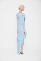 Valenciani Cult Mia X The Seraphina ruffle high-low midi dress with layered fabric and elegant design, shown on a model.