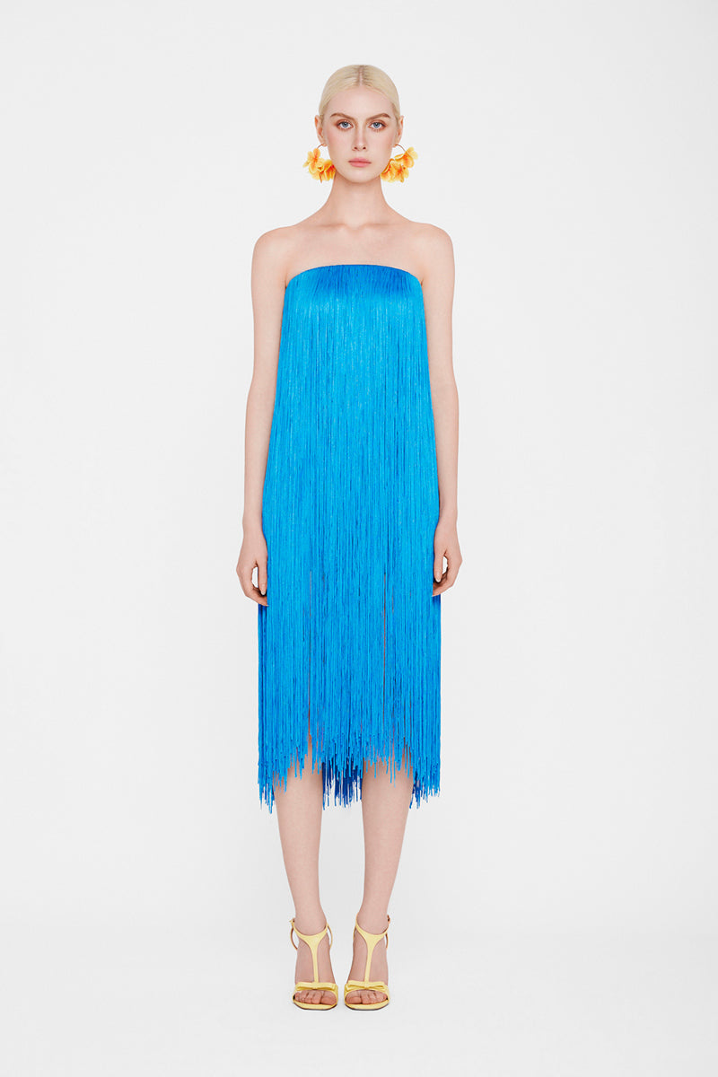 Valenciani CULT MIA X all-over fringe midi dress featuring layered fringe details and a flowing silhouette.