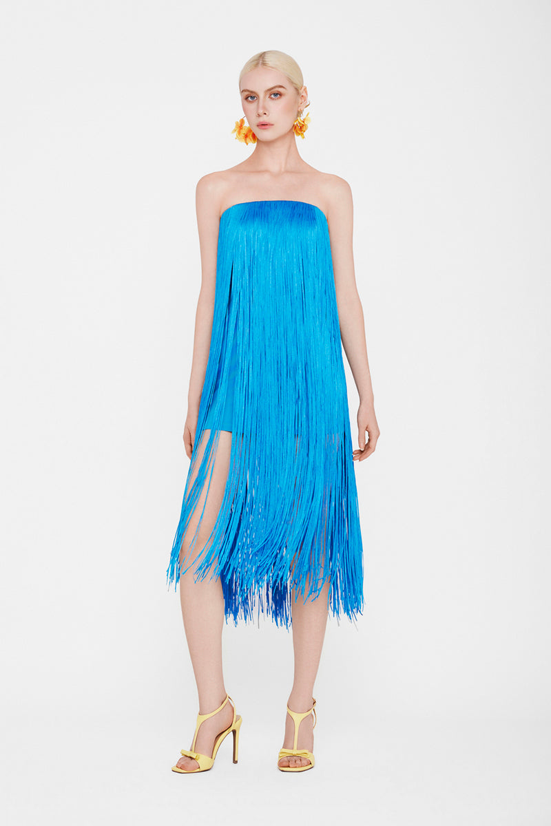 Valenciani CULT MIA X VALENCIANI all-over fringe midi dress displayed on a model, featuring flowing fabric and fringe details.
