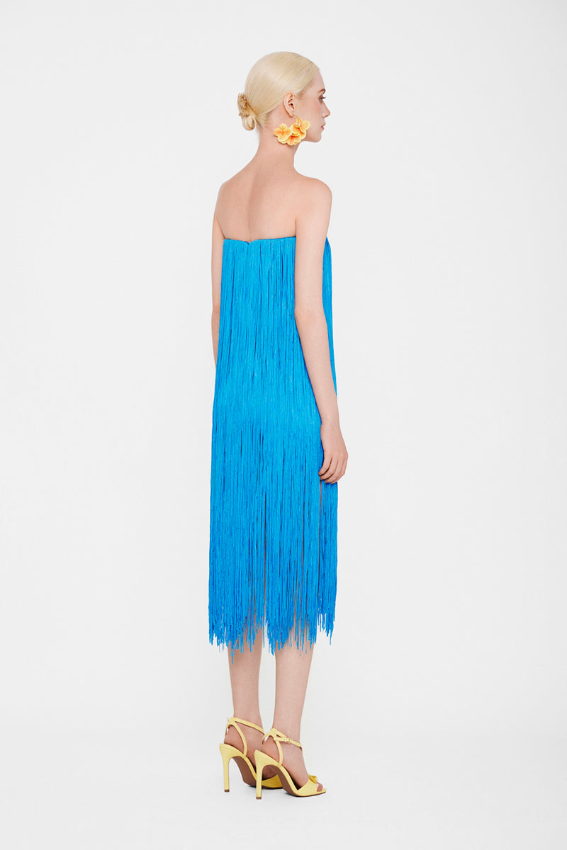 Valenciani CULT MIA X all-over fringe midi dress with flowing layers and intricate fringe details, perfect for stylish occasions.