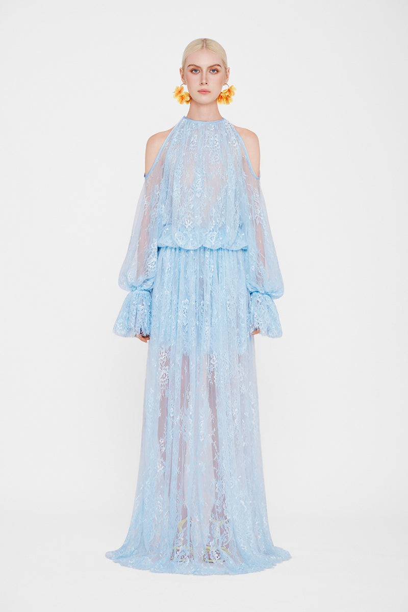 Valenciani cold shoulder maxi lace dress in ice blue, featuring a flowing silhouette and delicate lace details.