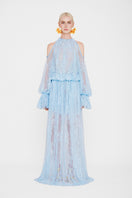 Valenciani cold shoulder maxi lace dress in ice blue, featuring a flowing silhouette and delicate lace details.