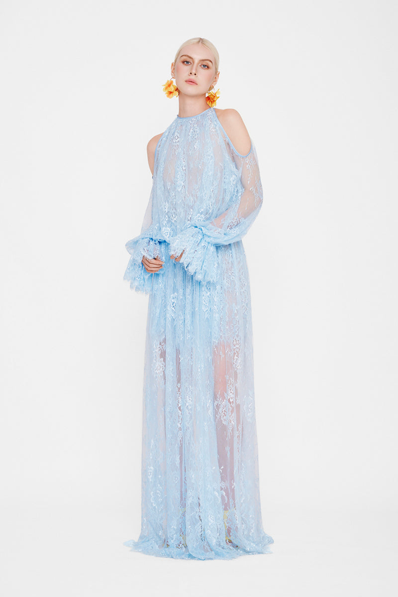 Ice blue Valenciani cold shoulder maxi lace dress displayed on a hanger, showcasing its elegant lace details and flowing silhouette.