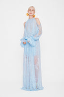 Ice blue Valenciani cold shoulder maxi lace dress displayed on a hanger, showcasing its elegant lace details and flowing silhouette.