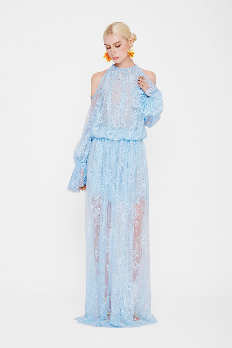 Valenciani cold shoulder maxi lace dress in ice blue, featuring a flowing design and delicate lace details.