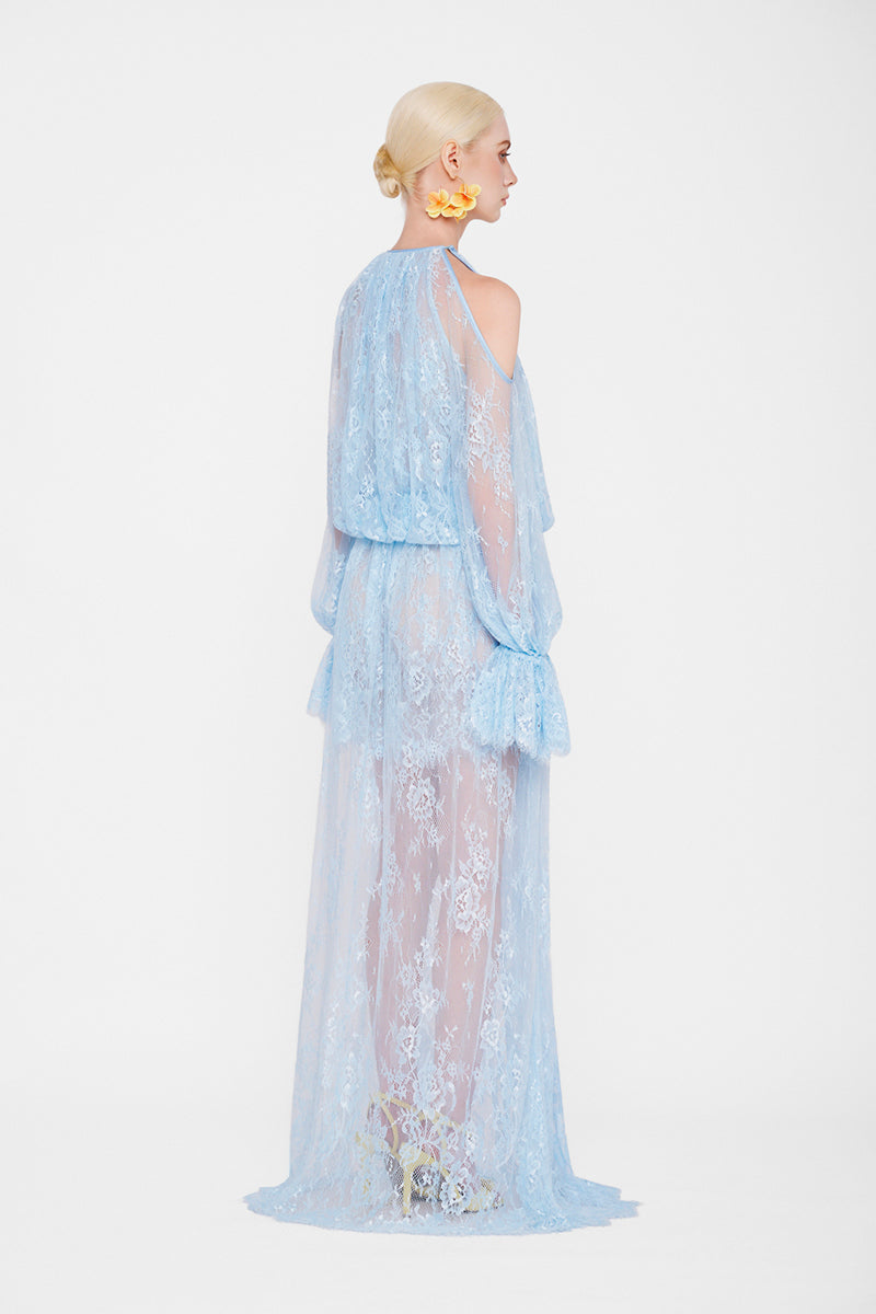 Valenciani cold shoulder maxi lace dress in ice blue, featuring delicate lace details and flowing fabric for elegant summer wear.